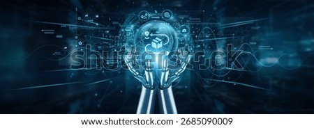 Robot hands holding global network and logistics optimization, delivery routing automation, tracking systems efficiency, supply chain fulfillment integration, and infrastructure transportation.