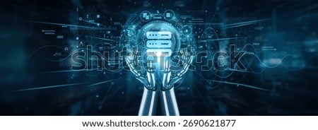 Robot hands holding global network and hosting services, web servers, cloud automation, domains, infrastructure uptime, scalability, data storage management platforms, and availability.
