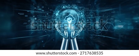 Robot hands holding a global network and cloud security framework, automation protection access control encryption compliance monitoring risk privacy infrastructure resilience.