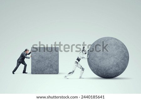 Robot and human compete for work. Robots and artificial intelligence are taking jobs, Technology, competition, automation. mixed media, copy space