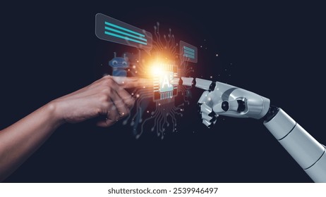 Robot and human hand connect to network of AI technology circuit board. Concept of virtual chatbot communication with commands to create an automated system. AI deep learning from global online data.