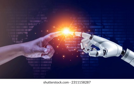 Robot and human hands touch and connect on binary code with global data background. Smart Al, Machine learning, Artificial Intelligence for science, education, business, innovation and technology