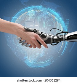 Robot And Human Handshake. Cyber Communication Design Concept. 