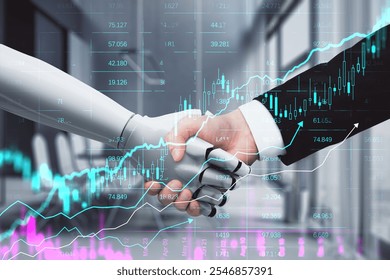 A robot and human handshake in a modern office with financial graphs overlaying. Concept of AI in trading and fintech partnerships. Business idea - Powered by Shutterstock