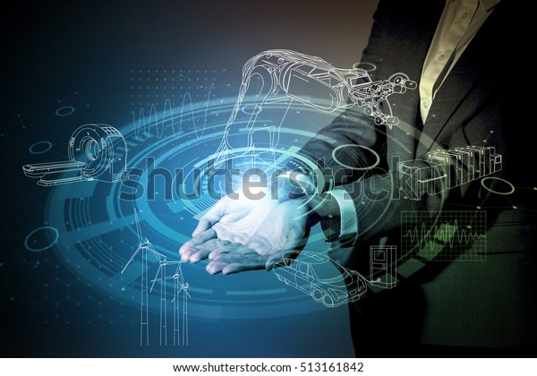 robot and industrial technology abstract, a\
woman holding her hand,\
industry4.0