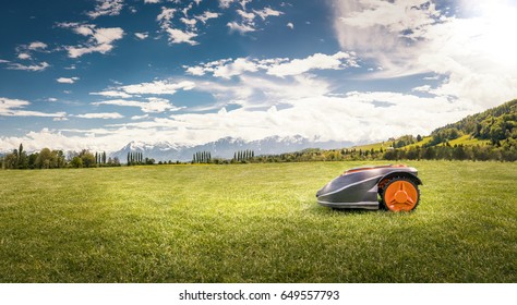 Robot Lawn Mower On A Large Lawn