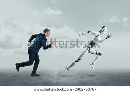 A robot machine or android wins a race with a human and finishes first. The superiority of artificial intelligence, neural network, technology. 3D illustration, 3D rendering, copy space