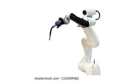 Robot mechanical arm and camera in the future, work instead of man white background