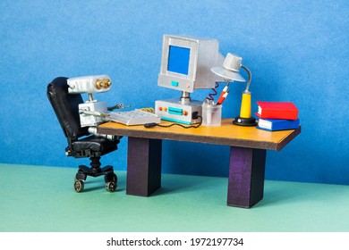 Robot office manager, retro style workplace. Old table with vintage computer, desk lamp and books. Stylish black leather office chair. Machine learning artificial intelligence concept