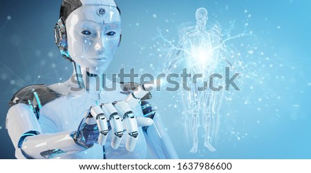 Robot on blurred background using digital x-ray human body holographic scan projection 3D rendering