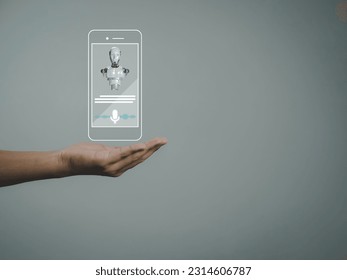 robot on smartphone artificial intelligence developer hand showing internet assistant Operation via voice commands