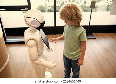 robot provide assistance to child. automation. artificial intelligence interact with boy