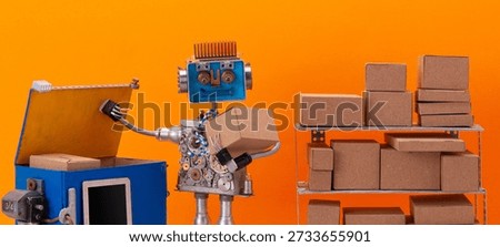 Robot storekeeper with cardboard parcels boxes and autonomous delivery robotic vehicle courier. Delivery service and warehousing concept. Orange background.