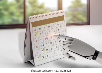 The robot is taking notes on the calendar. Appointment for the Calendar and the Organizer's Agenda Timetables are used to schedule activities. Secretary of AI Concept of a calendar planning assistant. - Powered by Shutterstock - Get 15% off with code: PIKWIZARD15