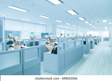 Robot Team Working In The Office, Future Technology Concept