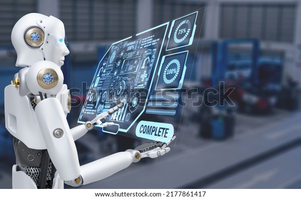 Robot Technology AI fix car repair on car Lift\
in garage dealership Fix the car with a touch touching UI screen\
interface point to the point that needs to corrected New technology\
in IOT car industry