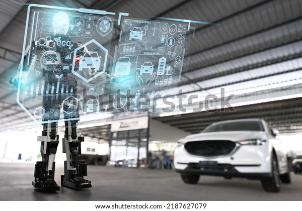 Robot Technology AI fix car repair on car Lift
in garage dealership Fix the car with a touch touching UI screen
interface point to the point that needs to corrected New technology
in IOT car industry