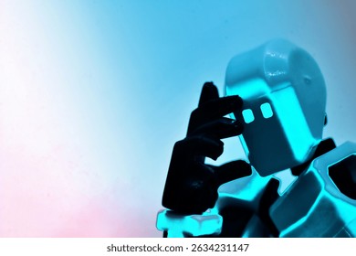 Robô pensando em um fundo branco. Espaço para texto.