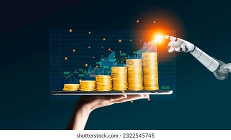 Robot trading concept. Robot hand represents use of artificial intelligence in trading stocks. Gold coins are displayed as graphs on smartphone. Digital transformation technology Ai make decisions. - Powered by Shutterstock