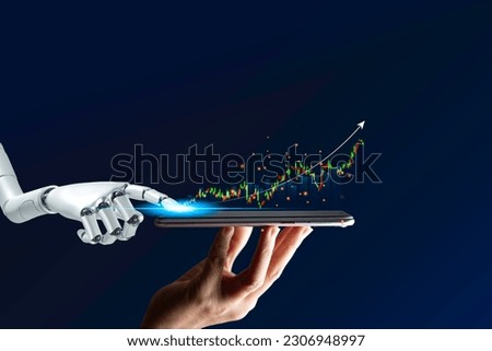 Robot trading concept. Robot hand represents use of artificial intelligence in trading stocks. wealth stock investing. Digital transformation technology. Ai(artificial intelligence)make decisions.