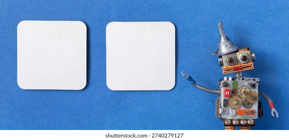 The robot and two empty posters billboard pictures frames. Copy space 