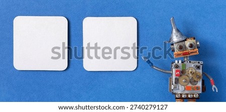 The robot and two empty posters billboard pictures frames. Copy space 