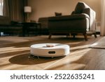 Robot vacuum cleaner vacuuming dust at home with no people around.