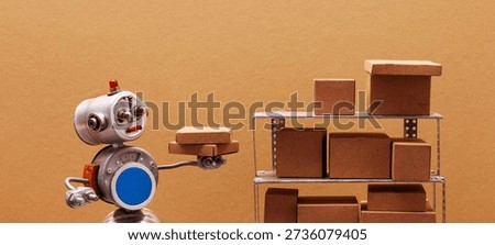 Robot warehouse worker packer storekeeper sorts parcels on shelves. storage rack with mixed size boxes. Automation service warehousing, groceries shipments