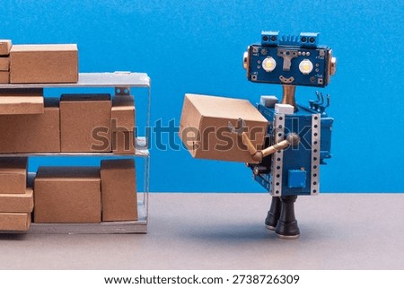 Robot warehouse worker packer storekeeper sorts parcels on shelves. storage rack with mixed size boxes. Automation service warehousing, groceries shipments