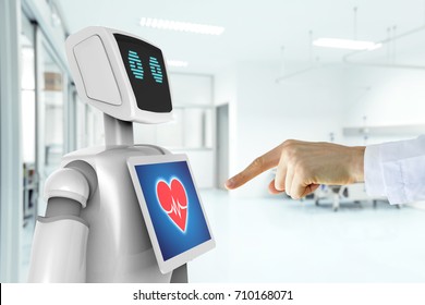 Robotic advisor service technology in healthcare smart hospital , artificial intelligence concept. Doctor finger point to 3d rendering robot.