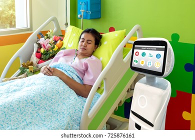 Robotic Advisor Service Technology In Healthcare Smart Hospital , Artificial Intelligence Concept. Robot In Patient Room.