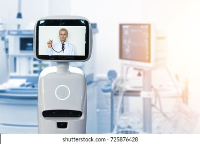 Robotic Advisor Service Technology In Healthcare Smart Hospital , Artificial Intelligence Concept. Operating Room And Service Robot Display Telemonitoring With Professor Doctor With Flare Light.