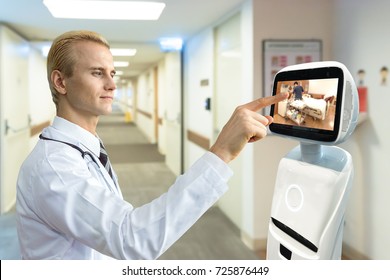 Robotic advisor service technology in healthcare smart hospital , artificial intelligence concept. Professor doctor and service robot display telemonitoring patient room.