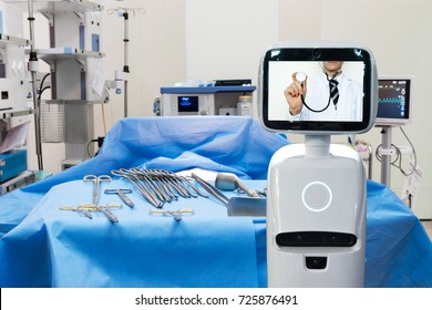 Robotic Advisor Service Technology In Healthcare Smart Hospital , Artificial Intelligence Concept. Operating Room And Service Robot Display Telemonitoring With Professor Doctor With Flare Light.