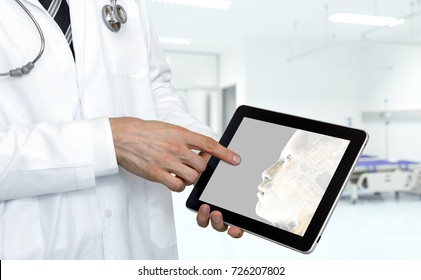 Robotic Advisor Service Technology In Healthcare Smart Hospital , Artificial Intelligence Concept. Professor Doctor Point Finger To Tablet With Ai Screen.