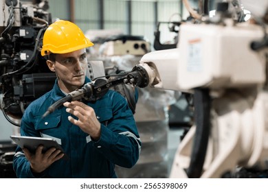 Robotic engineer automatic mechanic checking quality system of automation robot arms machine in factory. Service programming machinery welding robots in production at factory industry.