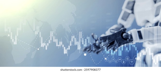 Robotic Figure Engages with Stock Charts and a World Map, Symbolizing the Integration of Artificial Intelligence, Financial Data Analysis, and Global Connectivity in the Future of Trading