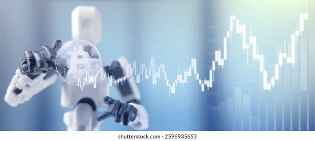 a robotic figure holding a Bitcoin symbol with a stock market chart in the background, highlighting the intersection of robotics, cryptocurrency, and financial markets.
