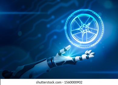Robotic hand with car wheel tyre on neon blue background. Digital art. Automobile parts. Future and technologies. - Shutterstock ID 1560000902