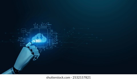 A robotic hand displaying a glowing cloud icon, representing advanced technology and artificial intelligence in a digital world. - Powered by Shutterstock