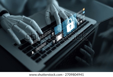 A robotic hand engages with a digital interface on a laptop, illustrating the intersection of automation and cybersecurity in a modern tech environment. Gantry