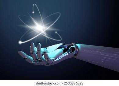 Robotic hand with a glowing atom symbol, symbolizing technology, innovation, and science. Robotic hand in futuristic technology innovation. Robotic hand holding atom icon on dark blue background - Powered by Shutterstock