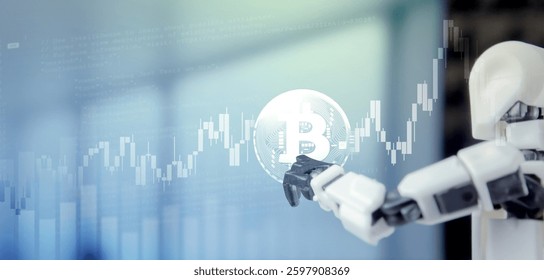 Robotic Hand Holding a Bitcoin Symbol with Stock Market Charts in the Background, Illustrating the Role of Artificial Intelligence in Cryptocurrency Trading and Financial Market Analysis