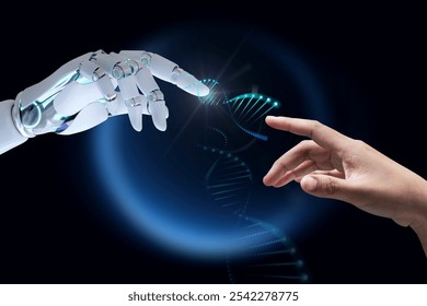 Robotic hand and a human hand reaching towards each other with DNA strand, symbolizing the connection between technology and humanity. Technology and innovation. Robot and human hand connect - Powered by Shutterstock