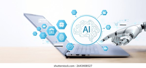 Robotic hand interacting with AI interface on laptop, surrounded by icons for data, security, fingerprint, communication, and cloud. Concept of artificial intelligence technology.