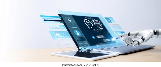 Robotic hand interacting with AI interface on laptop, surrounded by icons for data, security, fingerprint, communication, and cloud. Concept of artificial intelligence technology.