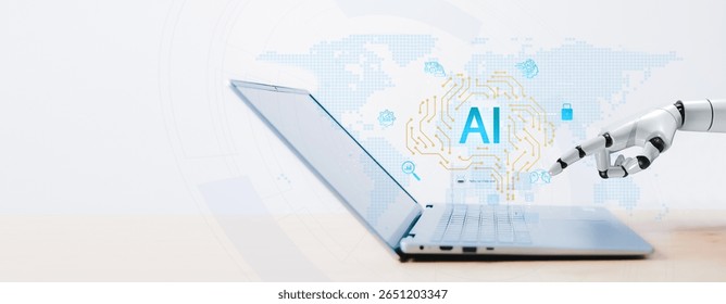 Robotic hand interacting with AI interface on laptop, surrounded by icons for data, security, fingerprint, communication, and cloud. Concept of artificial intelligence technology.