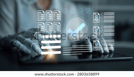 A robotic hand interacts with a digital display showcasing document review, featuring checkmarks and lists, symbolizing automation and efficiency in business processes. Gantry