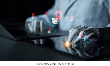 A robotic hand interacts with a digital map on a tablet, displaying location markers. The futuristic theme emphasizes technology, innovation, and automation in modern communication. Gantry