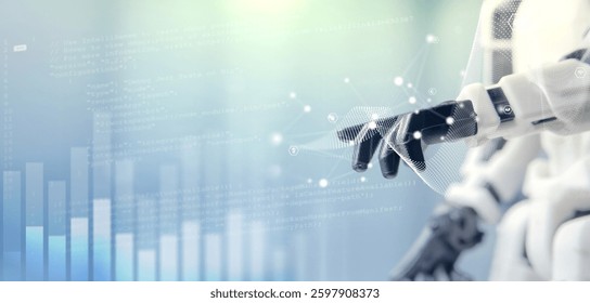 Robotic Hand Interacts with Glowing Data Charts and Code, Symbolizing the Fusion of Technology, Data Analysis, and Automation in Shaping the Future of Digital Innovation and Intelligent Systems